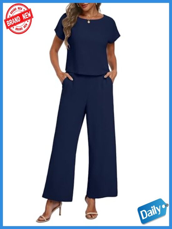 Pants - Women's 2 Piece Lounge Set Wide Leg Pants Crop Top with Pockets